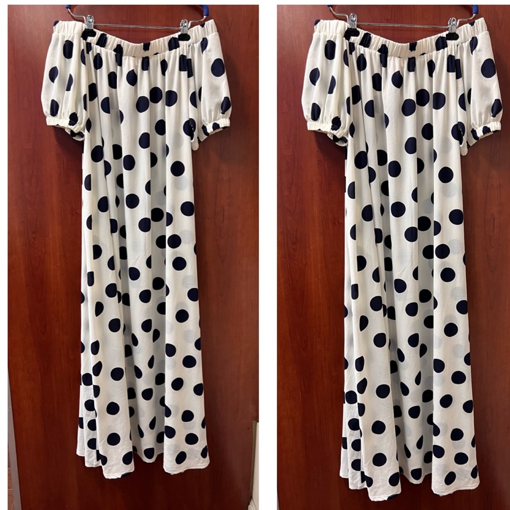 3X Karen T Design Maxi Dress Beige Navy Polka Dots Off The Shoulder Side Pockets